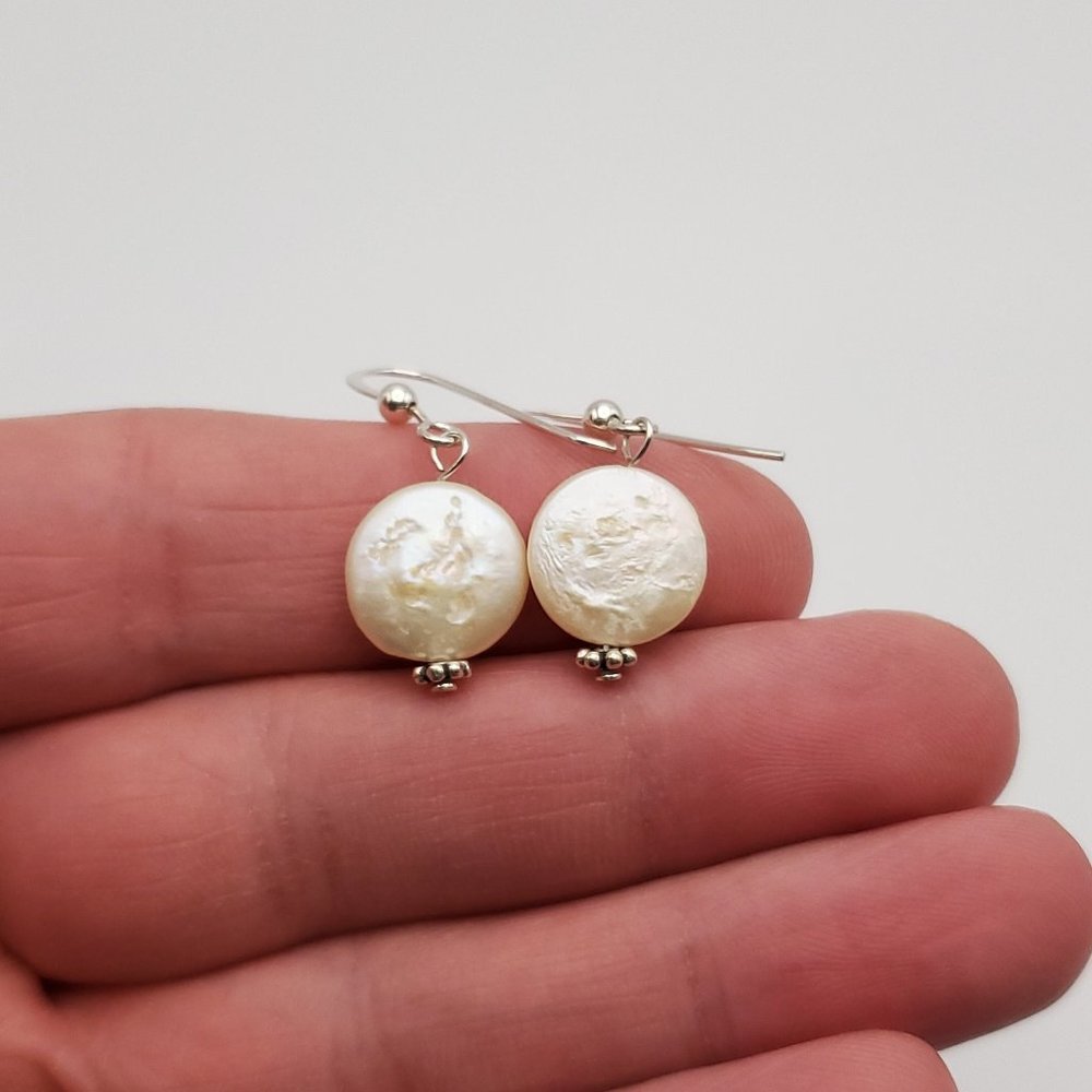 925 Sterling Silver Cute Round White Pearl Dangle Earrings